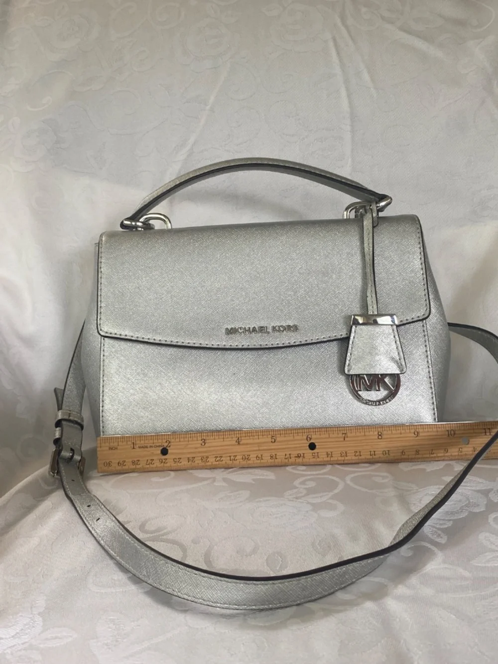 Michael Kors Silver Saffiano Leather Satchel Crossbody Bag